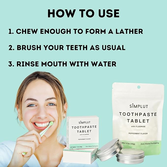 Chewable Toothpaste Tablets with Fluoride, 60 Pack - Travel Sized Oral Care, Eco Friendly Vegan Dental Tabs for Brushing - All Natural, SLS Free Ingredients for Adults - Peppermint Flavored