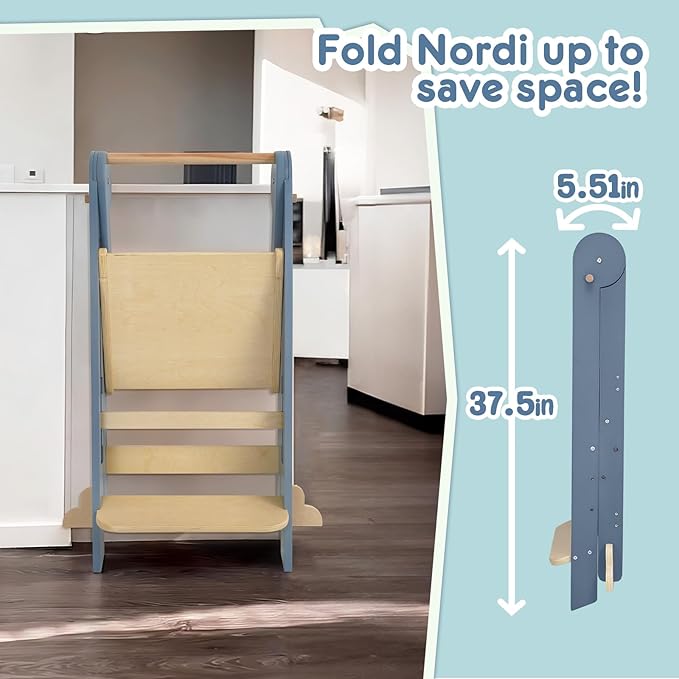 HARPPA Nordi Foldable Toddler Kitchen Tower, Montessori Kitchen Stools Helper, Standing Tower with 3 Adjustable Heights, Suitable Age for 2-6 Years, Grey