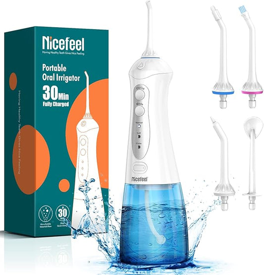 Nicefeel Water Dental Flosser Teeth Pick - Fast Charge Cordless Teeth Cleaner, 3 Modes Portable Oral Irrigator, IPX7 Waterproof Electric Water Dental Flosser for Tonsil Stone, 300ML Tank