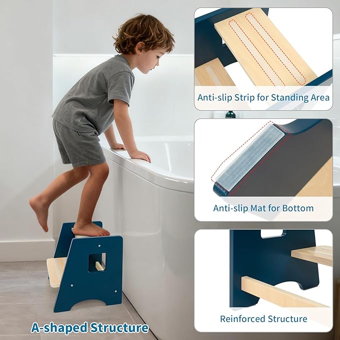 WOOD CITY Toddler Step Stool-Wooden 2 Step Stools for Bathroom Sink Potty Training Kitchen Stool Helper for Kids Bonus Non-Slip Pads and Handles for Safety Blue