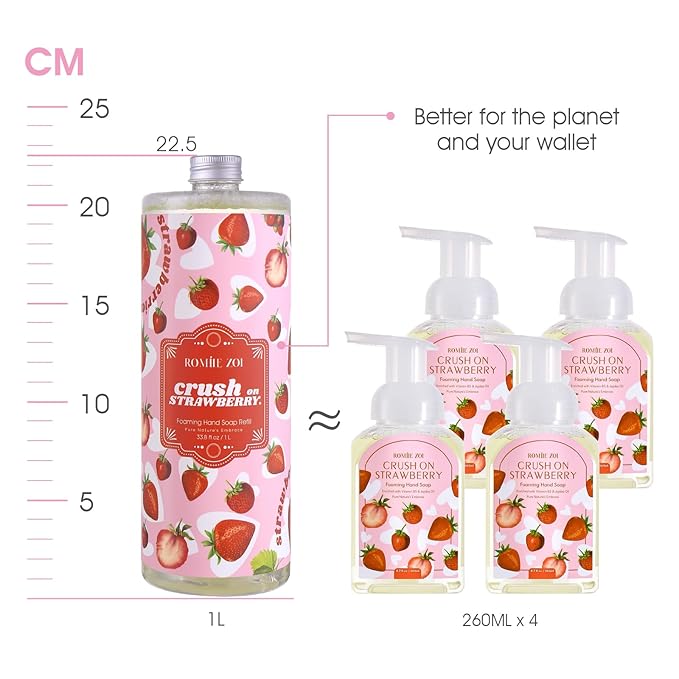 ROMIIE ZOI Strawberry Foaming Hand Soap Refill Set – 3 x 33.8 Fl Oz with Refillable Dispenser, Natural and Cruelty-Free Formula, Large Family Pack for Home, Bathroom, and Luxury Gifting