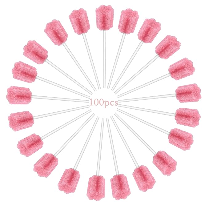 100Pcs Disposable Mouth Sponge Swabs Elderly Kids Adults Tooth Mouth Cleaning Individually Wrapped (Pink)