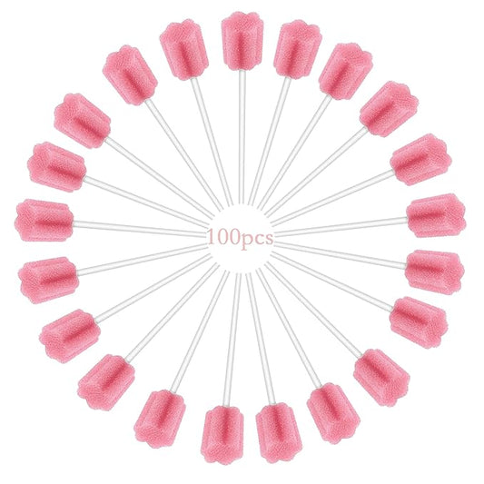 100Pcs Disposable Mouth Sponge Swabs Elderly Kids Adults Tooth Mouth Cleaning Individually Wrapped (Pink)