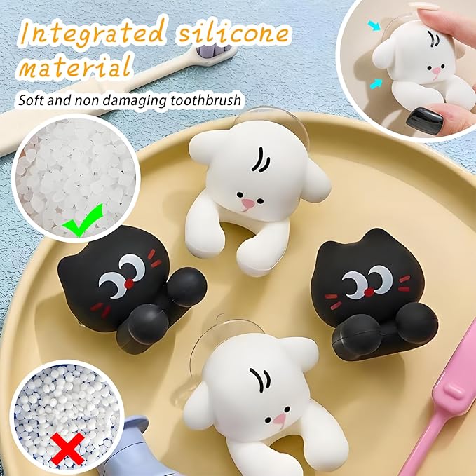 2 PCS Kids' Bathroom Toothbrush Holder,Suction Mount Silicone Toothbrush Holder,Cute Cartoon Cat and Dog Design, Perfect for Kids and Families
