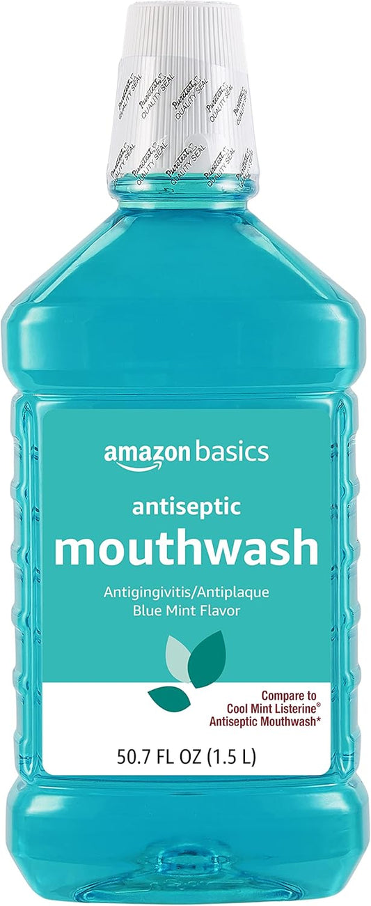 Amazon Basics Fresh Breath Mouthwash, Blue Mint Antiseptic, 1.5 Liters, 50.7 Fl Oz, 1-Pack (Previously Solimo)