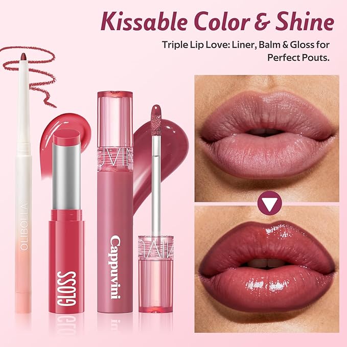 KIMUSE 3PCS Lip Combo Set - Matte Lip Liner Pencil + Hydrating Tinted Lip Balm + Juicy Lip Gloss Tint, Non-Sticky, Long-Lasting, High Pigment Lip Makeup Kit (Juicy Plum Set)