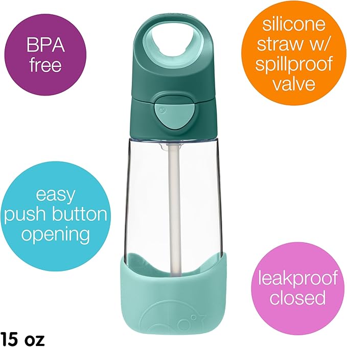 b.box 15oz Tritan Kids Water Bottle – Toddler Drink Bottle with Straw for School, Daycare, Travel w/Easy-Grip Triangular Design, Leak Proof Lid & Handle, BPA Free, Dishwasher Safe (Emerald Forest)