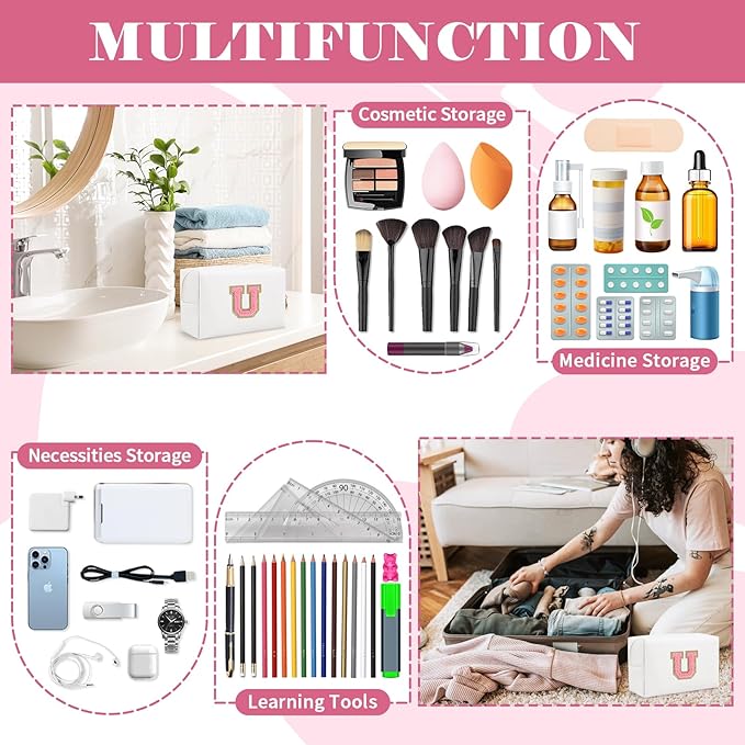 Personalized Makeup Bag Initial A-Z Preppy Patch Bag,Small PU Leather Travel Cosmetic Bag Pouch with Zipper,White Cute Toiletry Bag,Gift Ideal for Teen Girls Women Birthday Friend Mom,Letter U