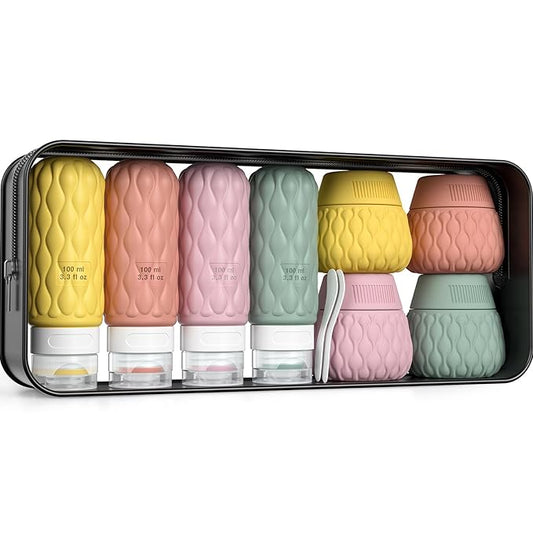 Silicone Travel Bottles for Toiletries 8 Pack Travel Size Toiletries 3.4 oz 1.7 oz, Leakproof Squeeze Travel Size Containers Refillable Cosmetic Jars Set for Shampoo, Conditioner, Creams