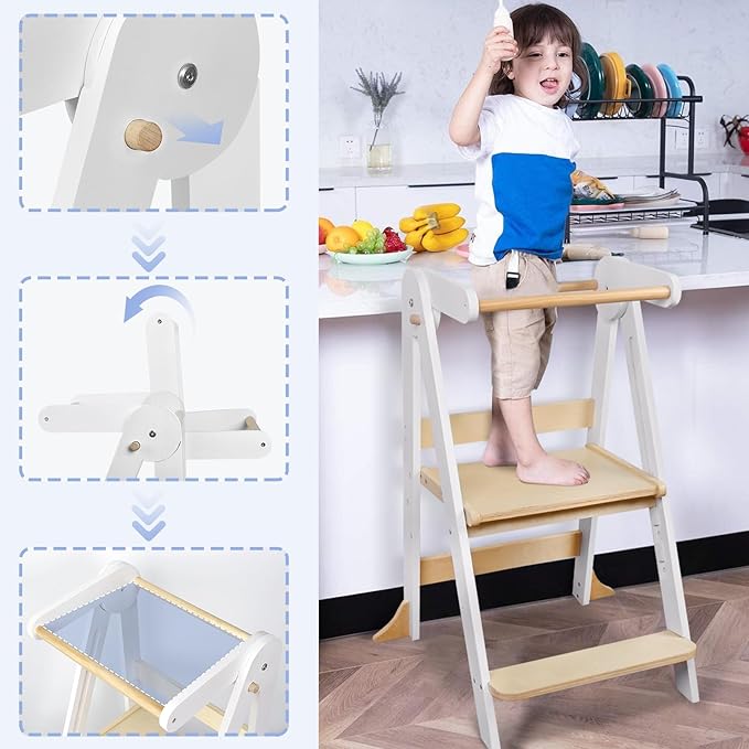 Foldable Toddler Kitchen Tower with Safety Rail, 3-Level Height Adjustable Montessori Kitchen Step Stool Helper, Standing Tower for Kids 2-6 Years, Toddler Helper Stool for Bathroom