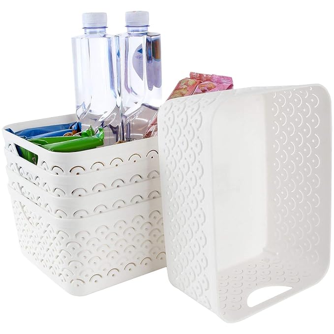 STARVAST 5 Pack Plastic Storage Baskets, Portable White Fish Scale Pattern Hollow Desktop Storage Bin Box with Handle for Kitchen, Bathroom, Kids Room or Nursery Storage – 9.4 x 7.1 x 4.1 inches