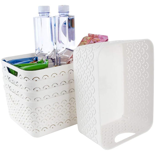 STARVAST 5 Pack Plastic Storage Baskets, Portable White Fish Scale Pattern Hollow Desktop Storage Bin Box with Handle for Kitchen, Bathroom, Kids Room or Nursery Storage – 9.4 x 7.1 x 4.1 inches