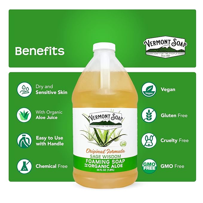 Vermont Soap Organic Sage Lime Wisdom Foaming Hand Soap - Natural Moisturizing Soap for Dry Skin - Fragrance Free Liquid Bathroom Hand Soap - Sage Lime Wisdom - 64 oz