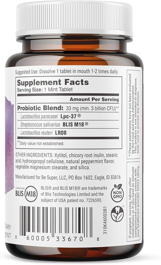 SuperTeeth Chewable Dental Probiotic for Adults & Kids | Support Healthy Teeth & Gums | Oral Health | Fights Bad Breath | BLIS M18 | 60 Mint Flavored Tablets | Fluoride & Sugar Free | Vegan Supplement