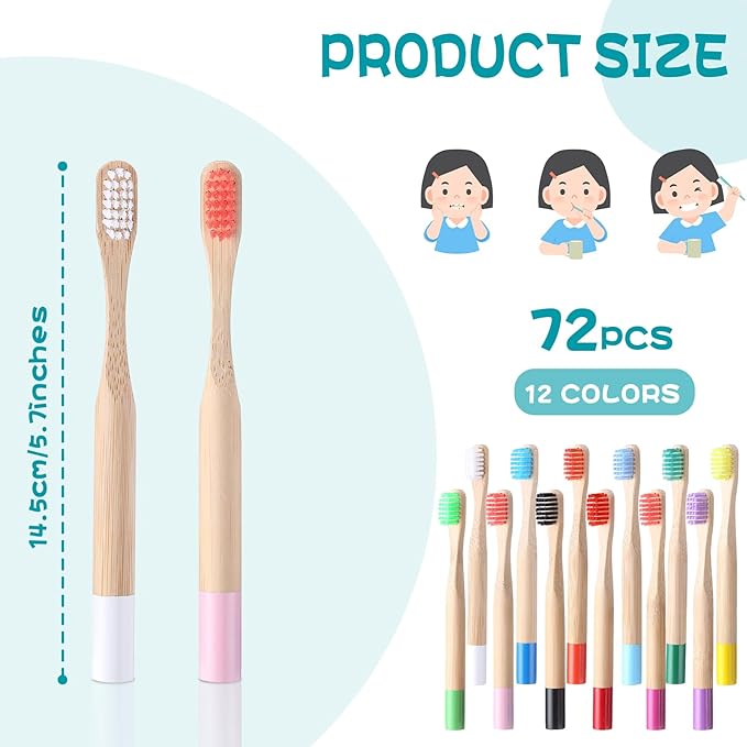 24 Pcs Kids Bamboo Toothbrushes Soft Bristle Toddler Toothbrush BPA Free Wooden Travel Toothbrushes for Kids Children Home Travel School, 5.7 Inches, Individually Wrapped