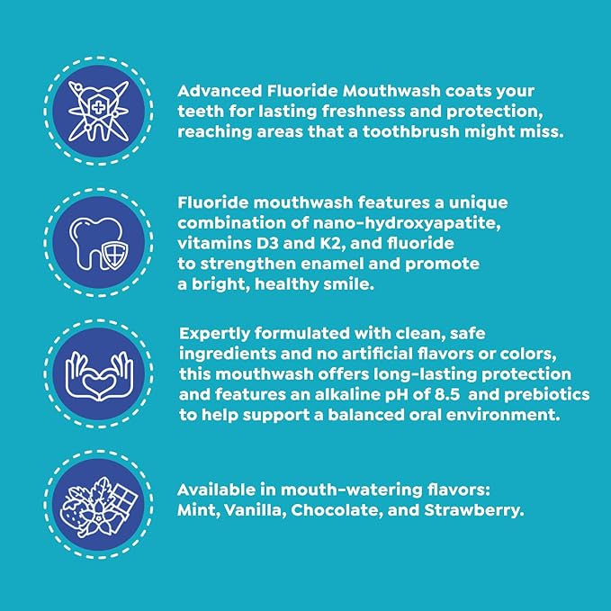 SuperMouth® Fluoride Mouthwash – Fluoride + Nano-Hydroxyapatite, Vitamins D3 & K2, Prebiotics, Alkaline pH 8.5, Alcohol-Free, Strengthens Enamel, Freshens Breath, Safe Clean Ingredients, Tasty Flavors