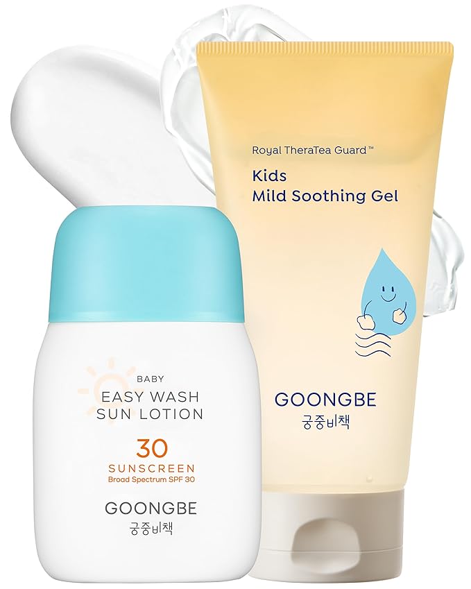 GOONGBE Baby Kids Easy Wash Sun Lotion SPF 30 & Mild Soothing Gel - Zinc Oxide Mineral Sunscreen & After Sun Relief - Korean Skincare for Sensitive Skin - Vegan Hypoallergenic, 2.11oz & 5.07oz