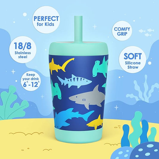 Kid Insulated Stainless Steel Tumbler with Silicone Straw, 12oz Sippy Cup for Kids (Sharks)