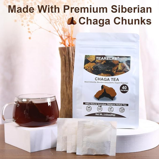 TEARELAE - Chaga Tea - 2g x 40 Count - Wild Harvest from Siberia - 100% Pure Natural Chaga Mushroom Tea Bag - Additive-Free - Non-GMO - Caffeine-free (Pack of 2)