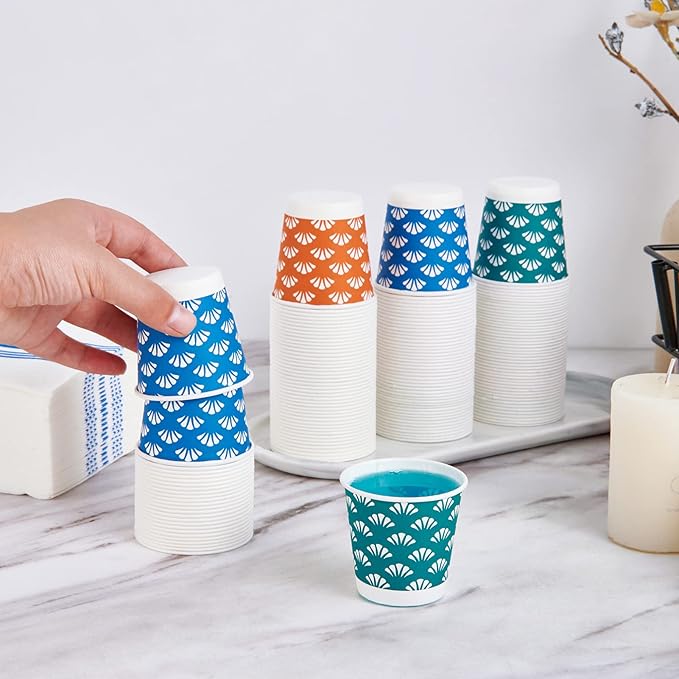 JollyPack 300 Pack 3 oz Disposable Bathroom Paper Cups, Small Mouthwash Cups in Orange, Blue, and Green, Great for Candy, Biscuits, Bathroom Use, Parties, Picnics, and Travel