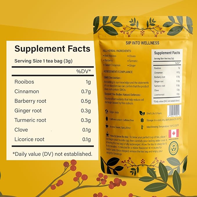 Berberine Tea 45g Natural Organic Caffeine-Free Blend Non-GMO Herbal in Plastic-Free Stand Alone Pouch Delicious Antioxidant for Immune Support