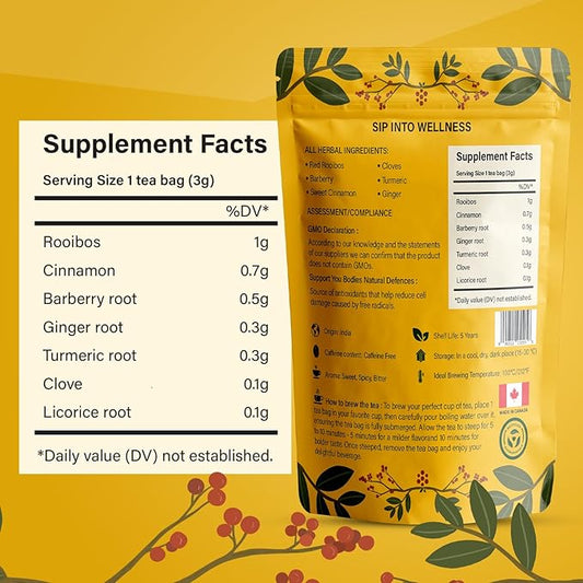 Berberine Tea 45g Natural Organic Caffeine-Free Blend Non-GMO Herbal in Plastic-Free Stand Alone Pouch Delicious Antioxidant for Immune Support