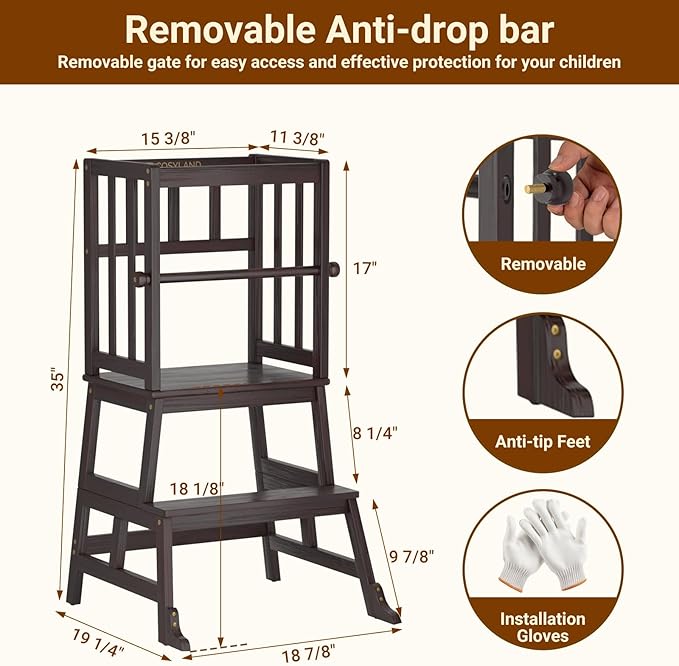 COSYLAND Kids Kitchen Step Stool, Toddler Standing Tower with CPC Certification, Removable Anti-Drop Railing Unique Patented Design A Anti-tip Stable Structure 1.5-3 Years Black Walnut Color