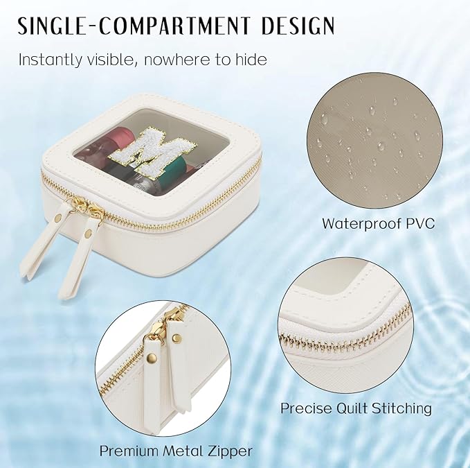 Initial Travel Toiletry Bag - Cosmetic Bags for Girls with Zipper, Clear & Potable Girls Makeup Bag for Travel, Small Cosmetic Pouch Perfect Gifts for Graduation (Beige, M)