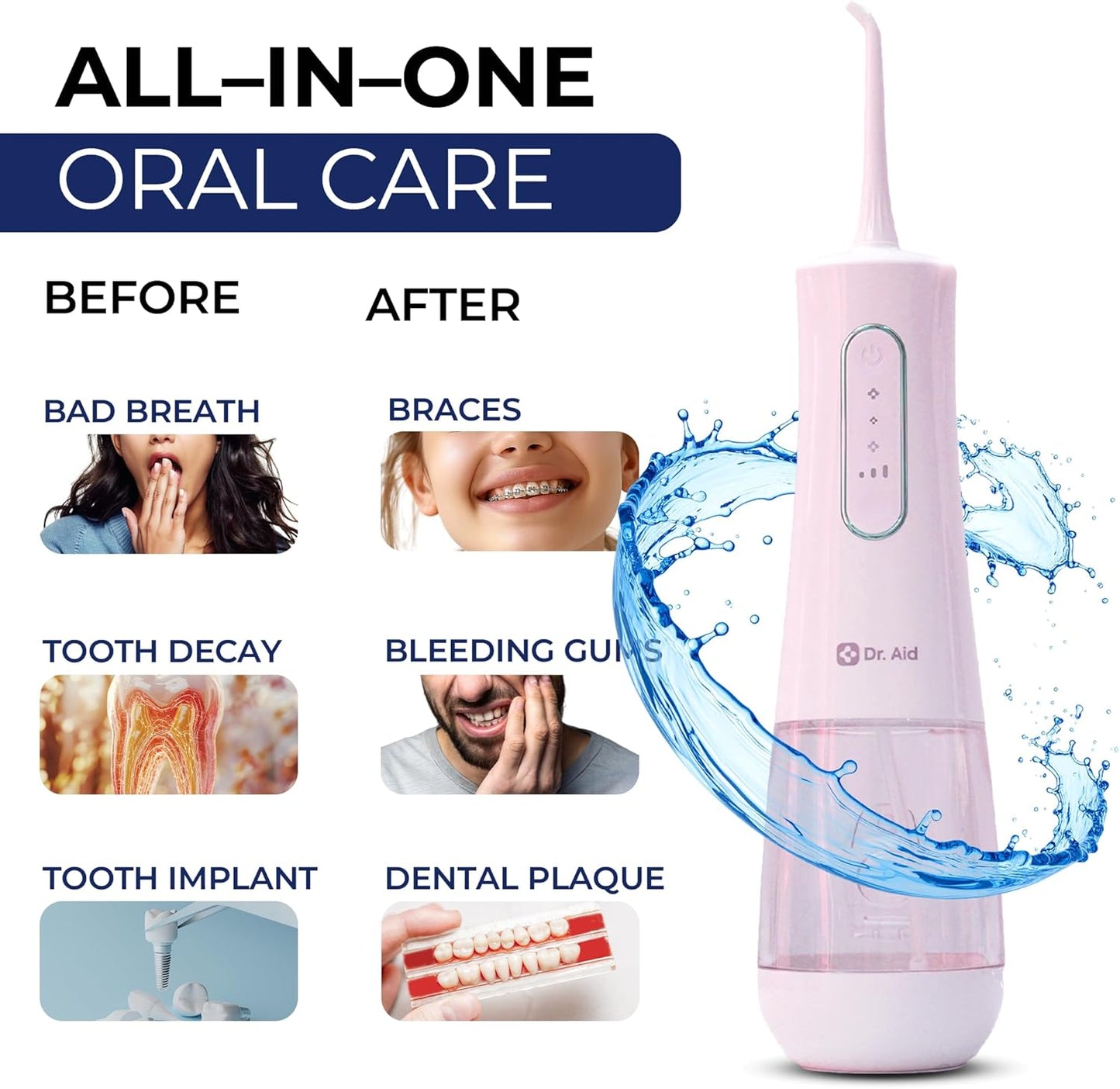 Dr. Aid Dental Water Flosser – Portable Oral Irrigator – 12Oz Tank, Water Filter, 5 Tips, Type C Charger – IPX8 Waterproof Cordless Water Flosser, Ideal Water Flossers for Teeth, Gums, Braces (Pink)