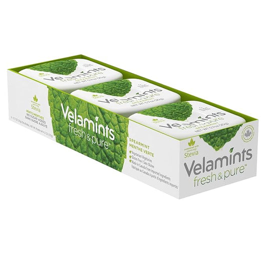 Velamints Fresh Spearmint Sugar Free Mints Tin - Fresh Breath Mint Aspartame-Free Sweetened with Stevia, 20 Gram (Pack of 6 Tins)