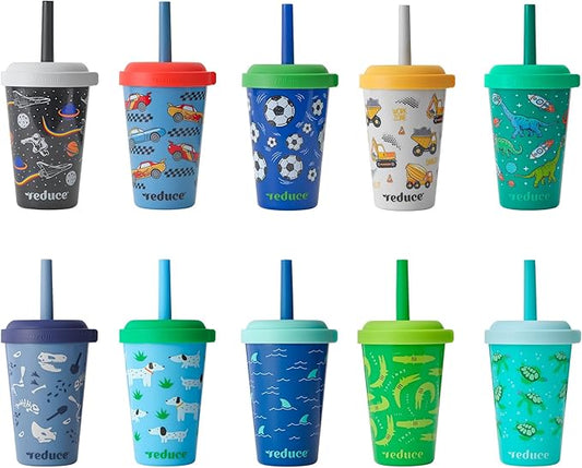 REDUCE GoGo's Kids Portable Tumbler Cups with Lids and Spill-Proof Straws - 10 Pack of Stackable 12 oz Tumblers with Twist-On Lids - Easy Storage, Dishwasher Safe - Club House