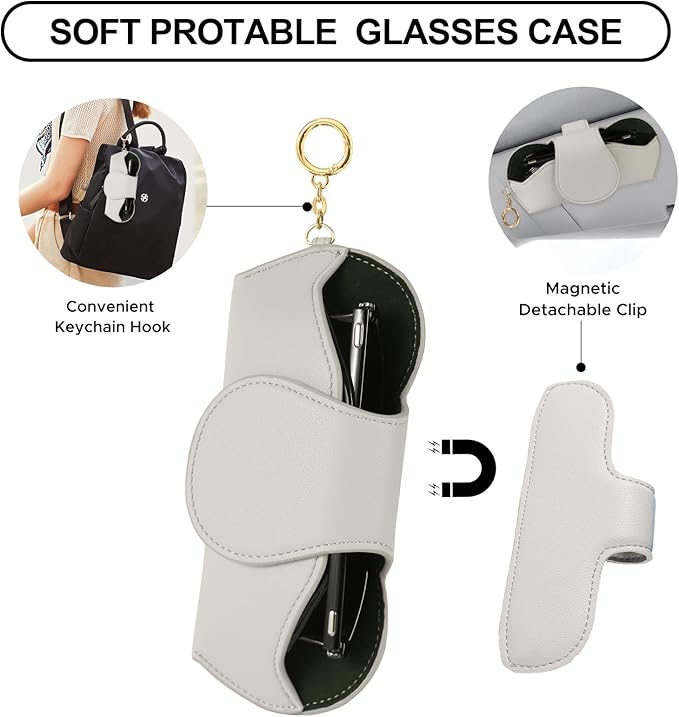 KINIVA Sunglasses Holder for Car Visor with Hanging Hook Portable Leather Glasses Storage Bag with Detachable Clips