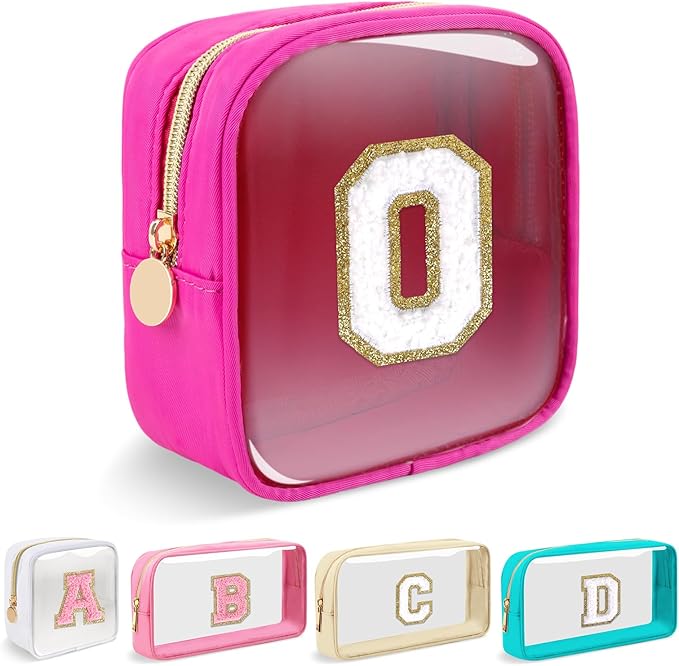 Mini Clear Personalized Initial Makeup Bag,Small Nylon Waterproof Zip Beach Cosmetic Pouch,Preppy A-Z Chenille Letter Patch Cute Coin Purse Travel Toiletry Bag Car Pack Bag for Women(Hot Pink-White O)