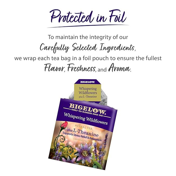 Bigelow Whispering Wildflowers Herbal Tea Plus L-Theanine, Supports Stress Relief & Relaxation, Caffeine-Free, Kosher, Gluten Free & Non-GMO, 18 Tea Bags, 0.9 Ounce (Pack of 6)