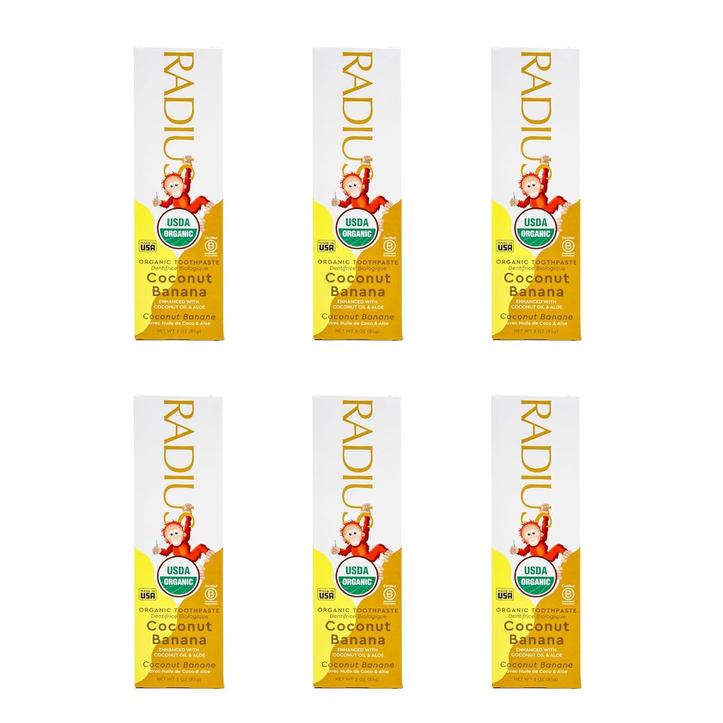 RADIUS USDA Organic Kids Toothpaste 3oz Non Toxic Chemical-Free Gluten-Free Designed to Improve Gum Health for Children's 6 Months and Up - Coconut Banana - Pack of 6