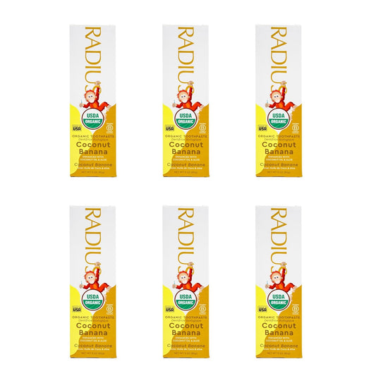 RADIUS USDA Organic Kids Toothpaste 3oz Non Toxic Chemical-Free Gluten-Free Designed to Improve Gum Health for Children's 6 Months and Up - Coconut Banana - Pack of 6