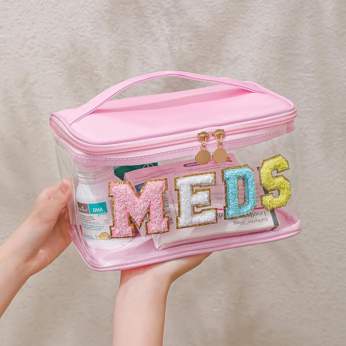 Large Waterproof Chenille Letter Medicine Clear Makeup Bag, Transparent PVC Nylon Preppy Patch Cosmetic Bag with Handle, Portable Meds First Aid Travel Organizer Cosmetic Bag (04MEDS-Light Pink)