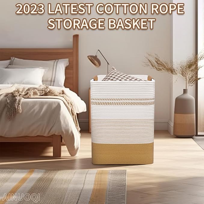 Laundry Hamper Large Laundry Basket with Leather Handles, Decorative Storage Cotton Rope Woven Basket for Blankets, Clothes Hamper for Living Room, Jute & White, 85L