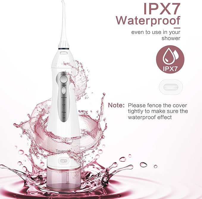 TOVENDOR Electric Water Flosser, Cordless Rechargeable Dental Oral Irrigator IPX7 Waterproof 300ML Travel Water Teeth Cleaner with 5 Tips for Braces Care Teeth Gums Cleaning, Home Office Daily Use