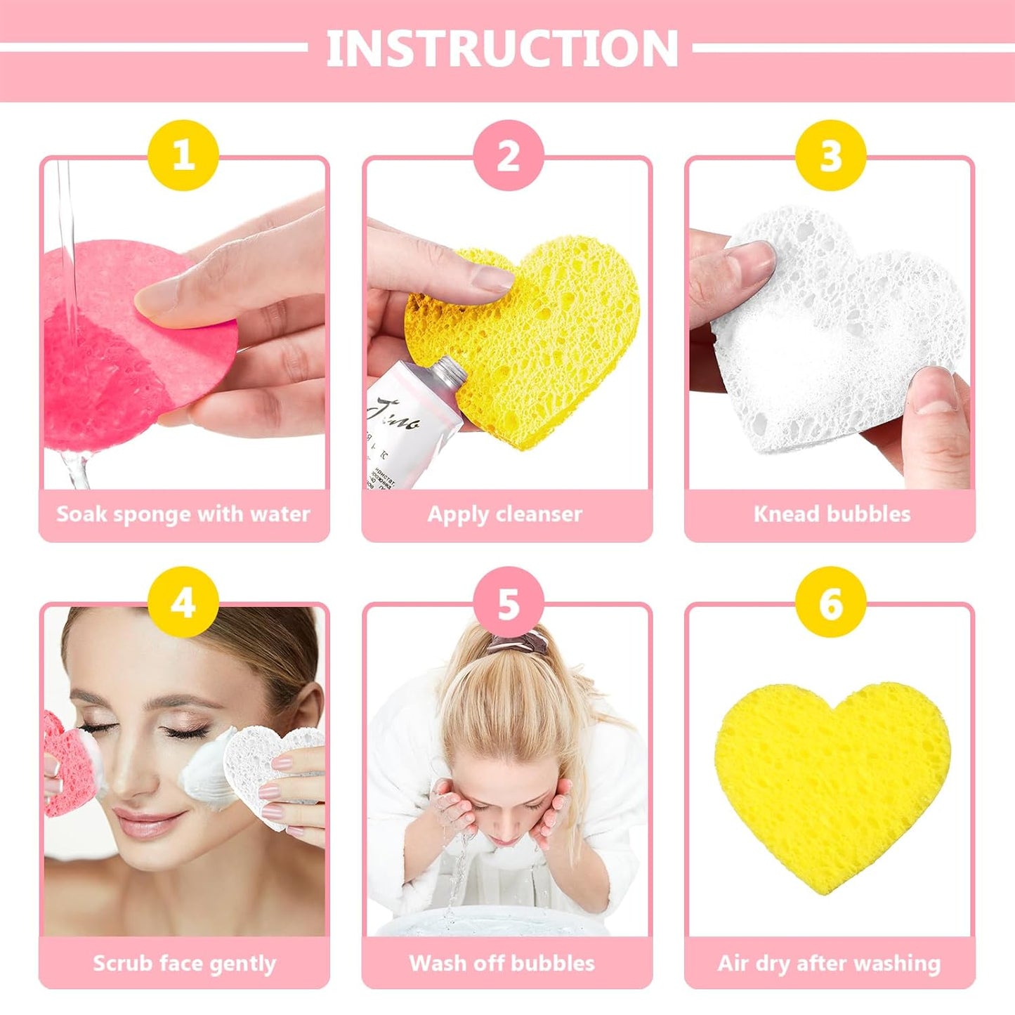 Nuenen 60 Pieces Facial Sponges with Container, Heart Shape Compressed Face Sponges Natural Cleaning Pads for Washing Face Cleaning Exfoliating Esthetician Makeup Removal (Pink,White, Yellow)
