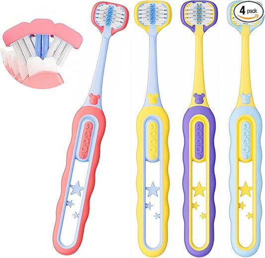 Toddler Toothbrush 4 Pack, Soft Baby Toothbrush Efficient 3 Sided Kids Tooth Brush for Ages 1-12 Years, Infant Training Tooth Brush Complete Tooth and Gum Care, Easy to Grip(Patent)