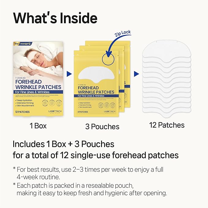 Labottach Forehead Wrinkle Patches Overnight 12ct Korean Hydrogel Anti Wrinkle Patches with Collagen and Vitamin E for Forehead Wrinkles and Frown Lines
