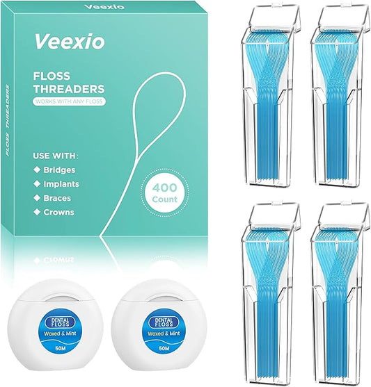 Floss Threaders 400 Count/4 Pack, with 2 Pack of 50M Mint-Flavored Waxed Dental Floss, for Braces, Bridges, Implants, Permanent Retainer