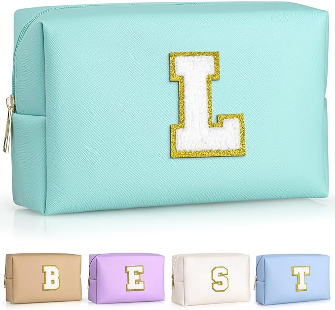 TOPEAST Personalized Birthday Gifts for Women, Preppy Patch Makeup Bag, Chenille Letter Pouch Cosmetic Bag, Travel Organizer, Birthday Gifts for Friends, Cute Stuff (Blue L)