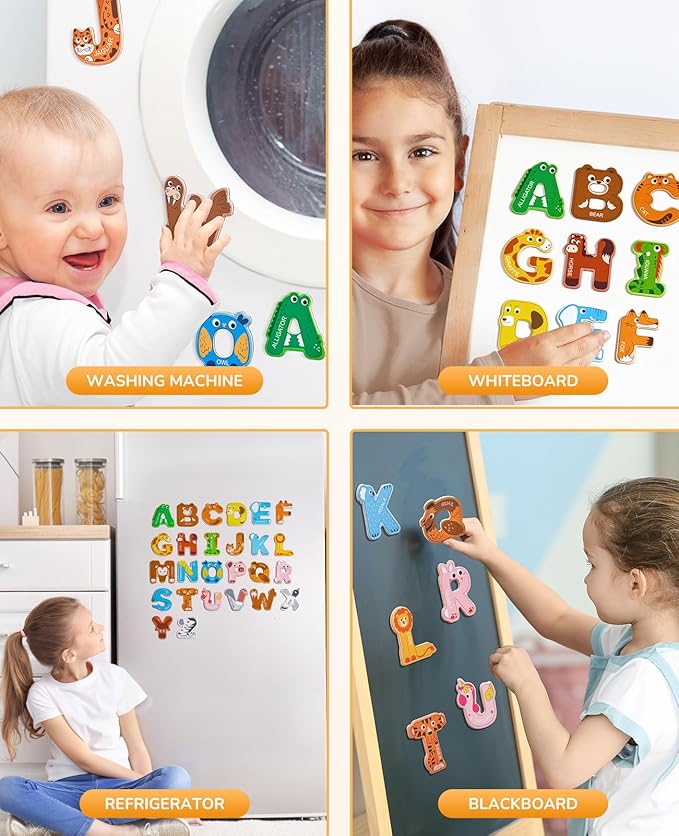 JoyCat Wooden Thick Alphabet Magnets for Toddlers Fridge Large Size Cute Animal Colorful ABC Magnetic Letters 26 Uppercase Letters Educational Toy Set for Kids Toddlers Preschool Learning Spelling
