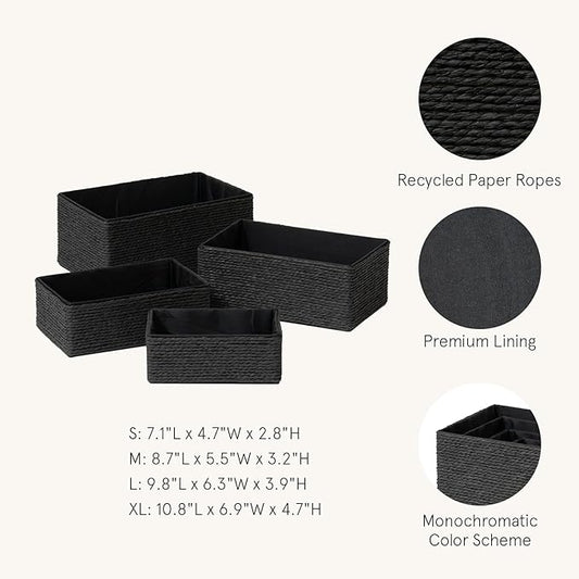 LA JOLIE MUSE Storage Baskets Set 4 - Sturdy Woven Paper Rope Decorative, Stackable Wicker Baskets for Makeup Closet Bathroom Bedroom (Ebony Black)