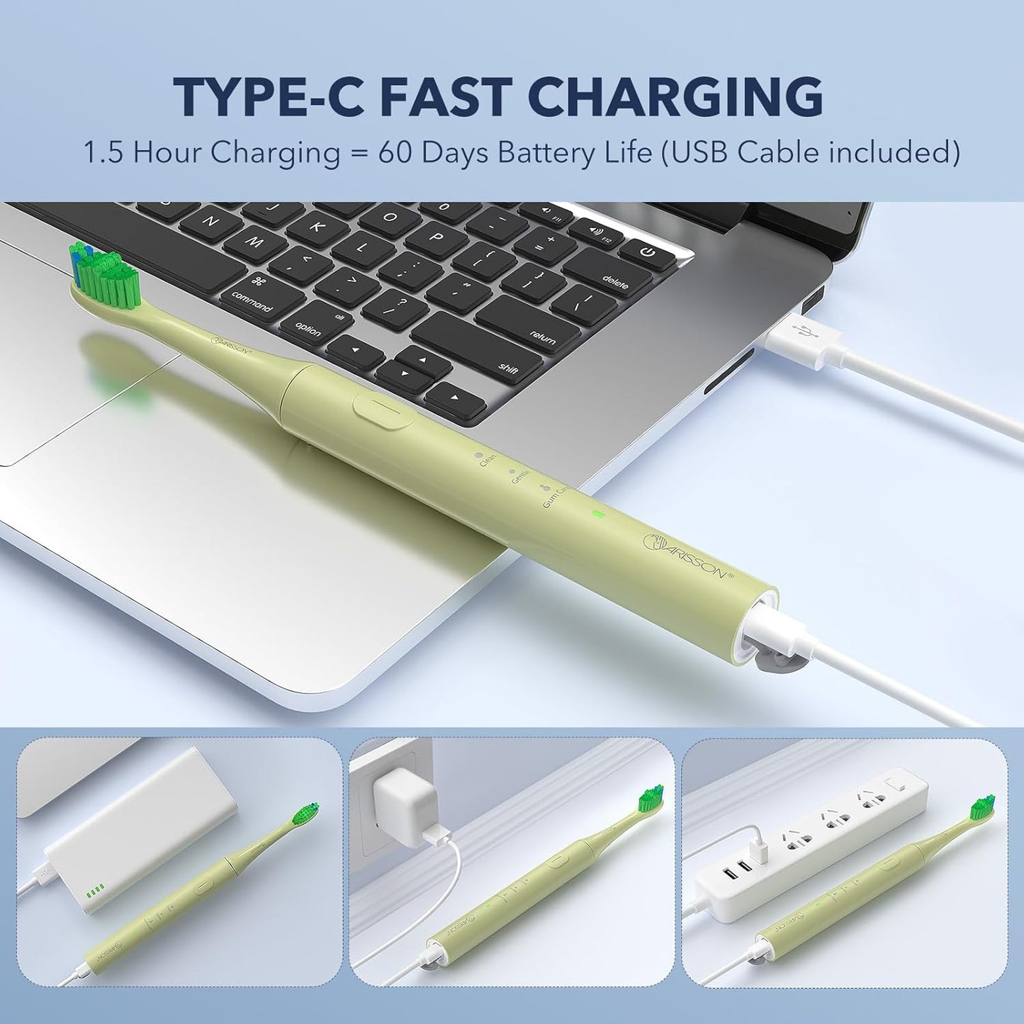 ARISSON Sonic Electric Toothbrush for Adults and Kids, 40,000 VPM Power Toothbrush, 1.5H Fast Charge Ultrasonic Electric Toothbrushes with 2 Minutes Smart Timer, 1.6 Oz Travel Toothbrush, Lime Green