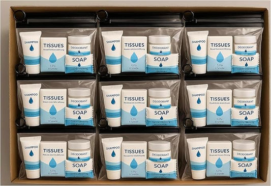 Bulk 50 Deluxe Hygiene Care Packages – 23-Piece Unisex Toiletry Bags with Individually Wrapped Travel-Size Essentials in Waterproof Pouch for Homeless Outreach, Shelters, and Charity Donations
