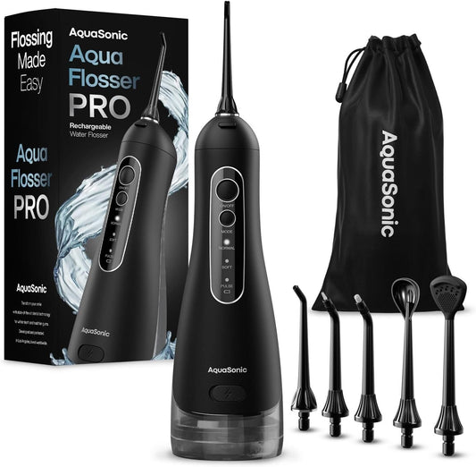 AquaSonic Aqua Flosser PRO - Rechargeable Cordless Water Flosser for Teeth, Gums & Tongue - Modern Design, 300ml Large Tank, 6 Jet Tips with Deluxe Tongue Nozzle, 3 Modes, Waterproof Black