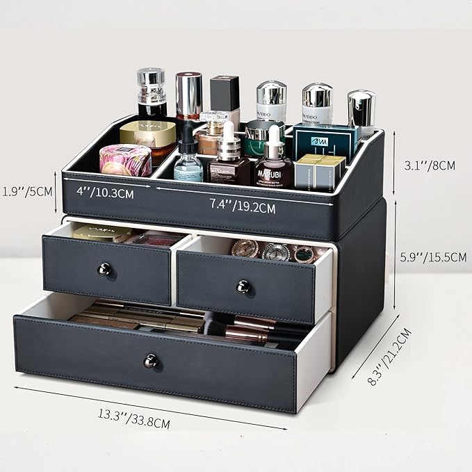 KINGFOM 2 Tier PU Leather Makeup Organizer with 3 Drawers, Cosmetic Storage Organizers for vanity Dresser Countertop and Bathroom Vanity, Beauty Holder for Lipstick Brush Skincare (Black)